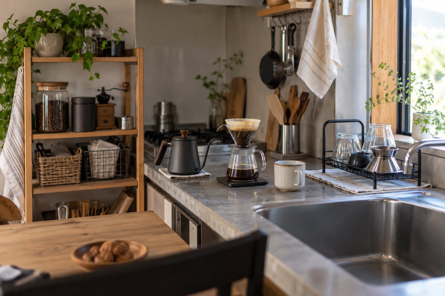 小さなキッチンのコーヒー道具。置く・淹れる・乾かす場所を分けるを考えるための説明用イメージ
