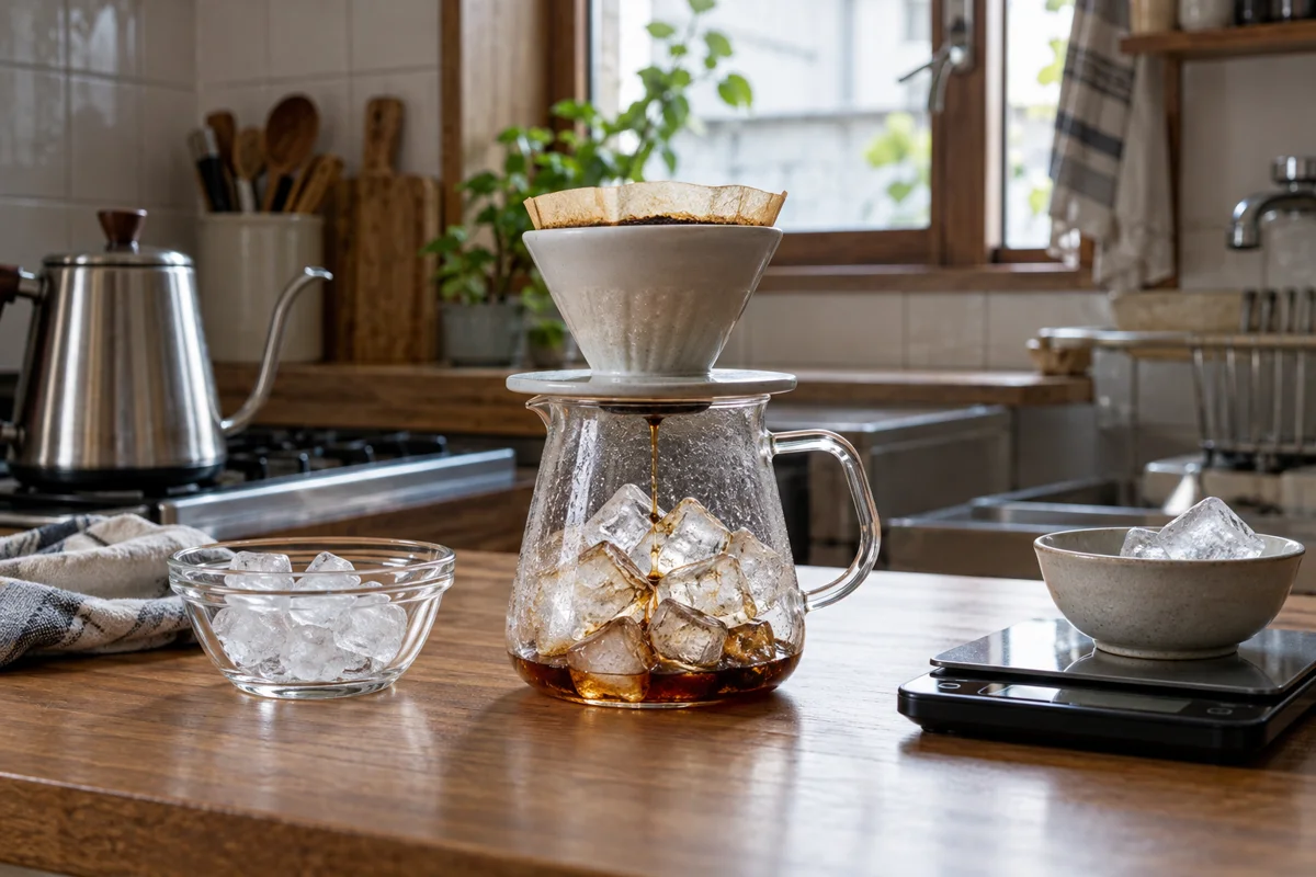アイスコーヒーが薄いときの量メモ｜氷と注ぐお湯を分けて一杯を調整を考えるための説明用イメージ